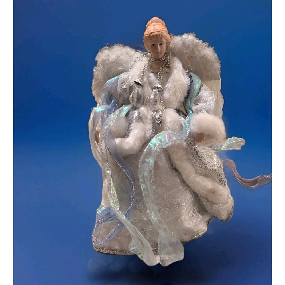 VTG Victorian Angel Tree Topper Porcelain Face Hands Mesh Silver Fabric 16"‎ EUC